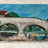 Tableau huile sur toile paysage pont et rivière ancien
