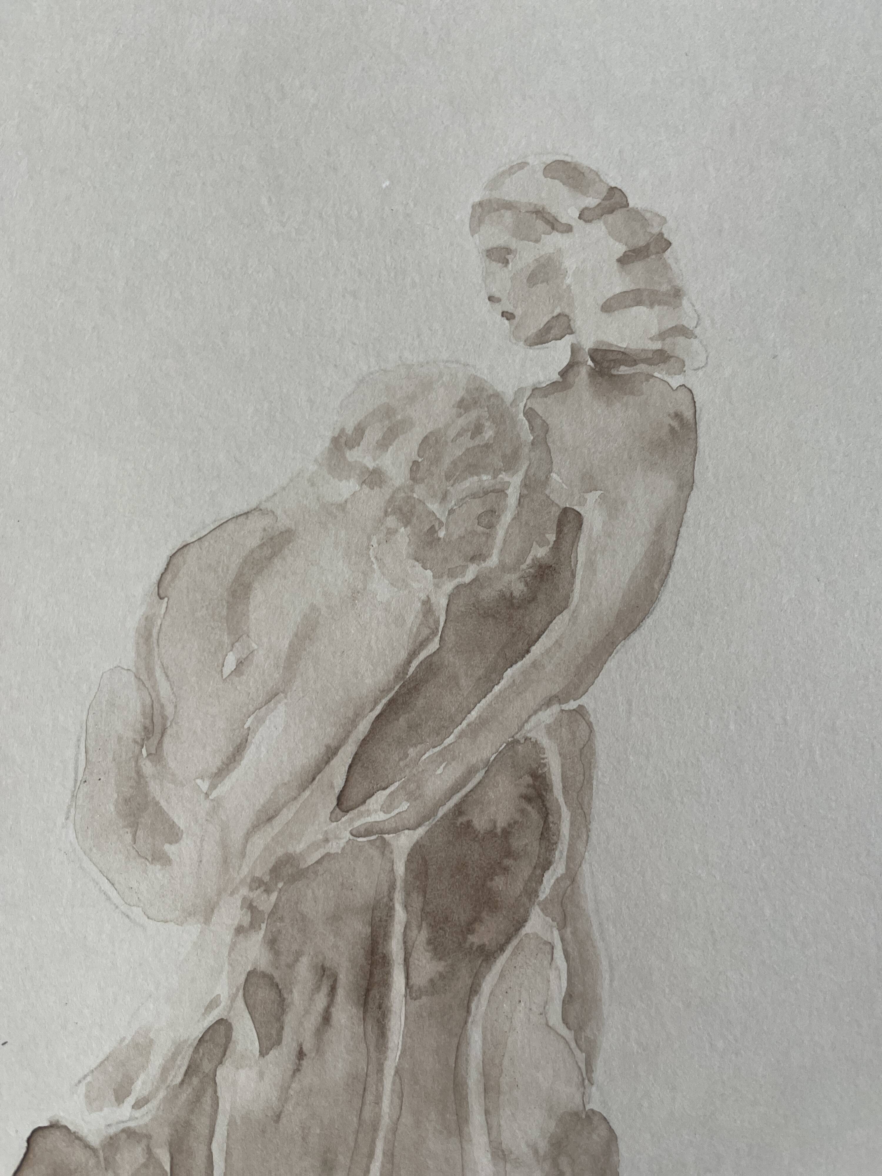 Painting signed sepia monochrome watercolor study of the statue “the eternal idol of Rodin”