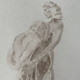 Tableau signé aquarelle monochrome sépia étude de la statue  « l'éternelle idole de Rodin »