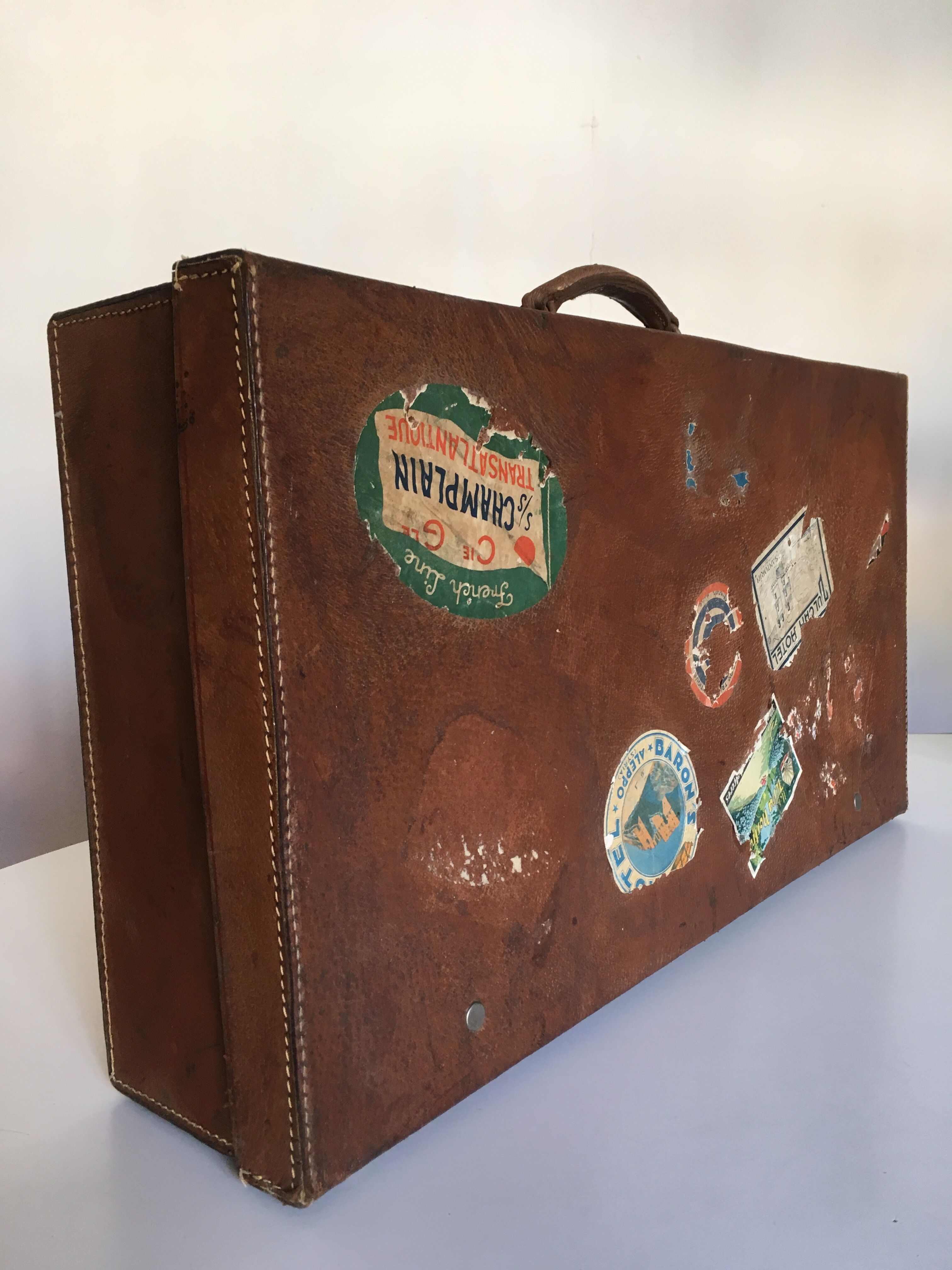 Suitcase of leather with labels of palaces