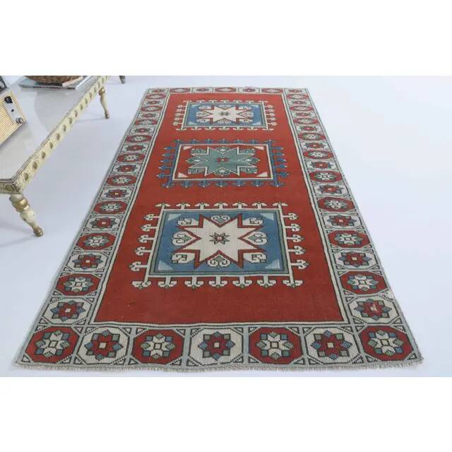 Vintage Turkish Hand-Knotted Wool Cotton Red Runner 110x193