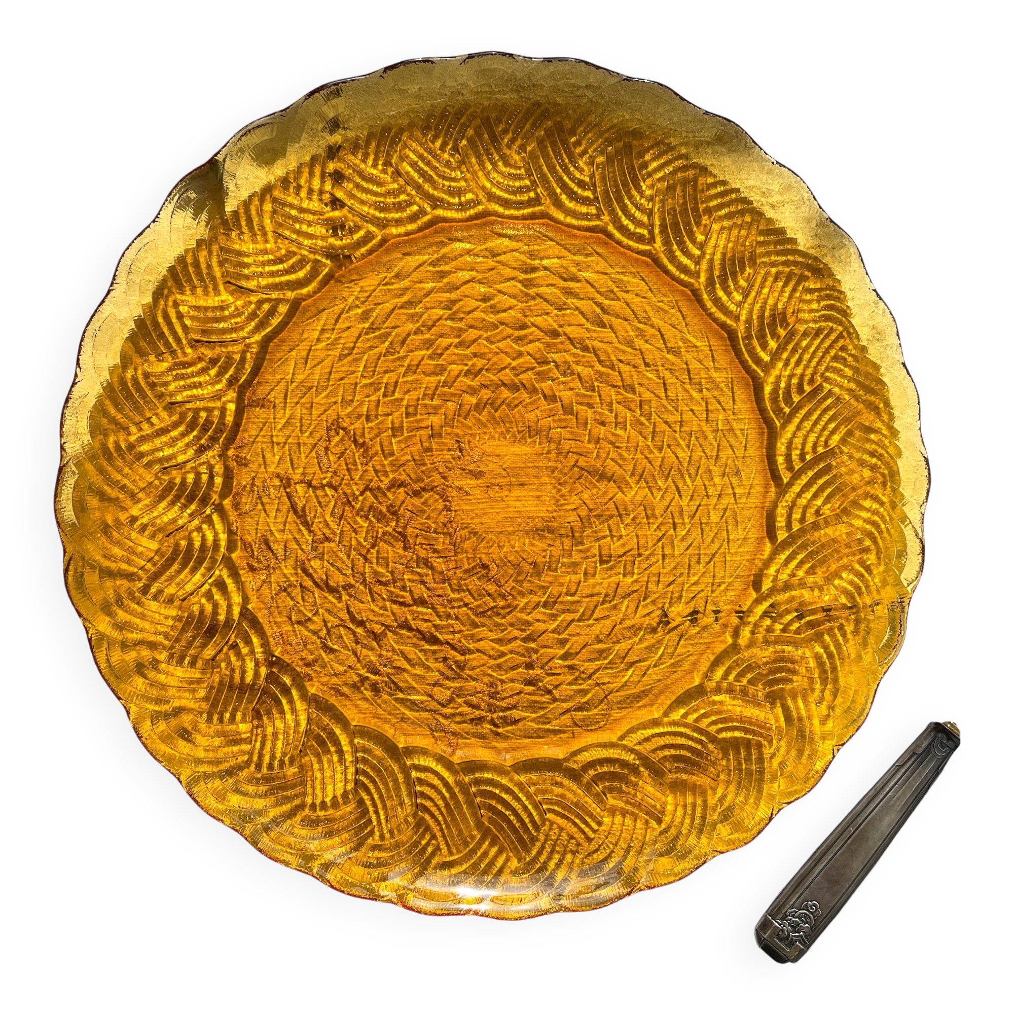 Plat rond en verre ambré ATLANTIC Arcoroc France 1950