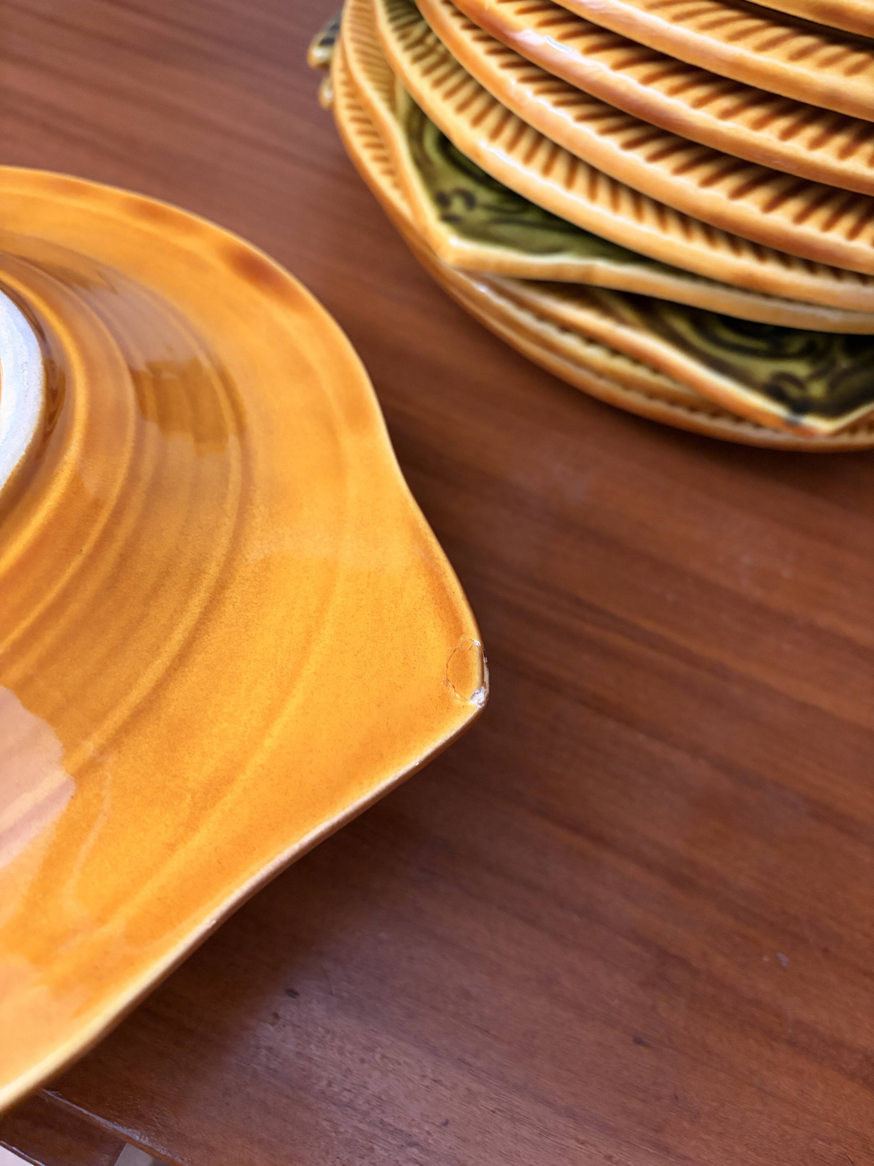 12 fish plates Vallauris in orange and green earthenware vintage 60s/70s