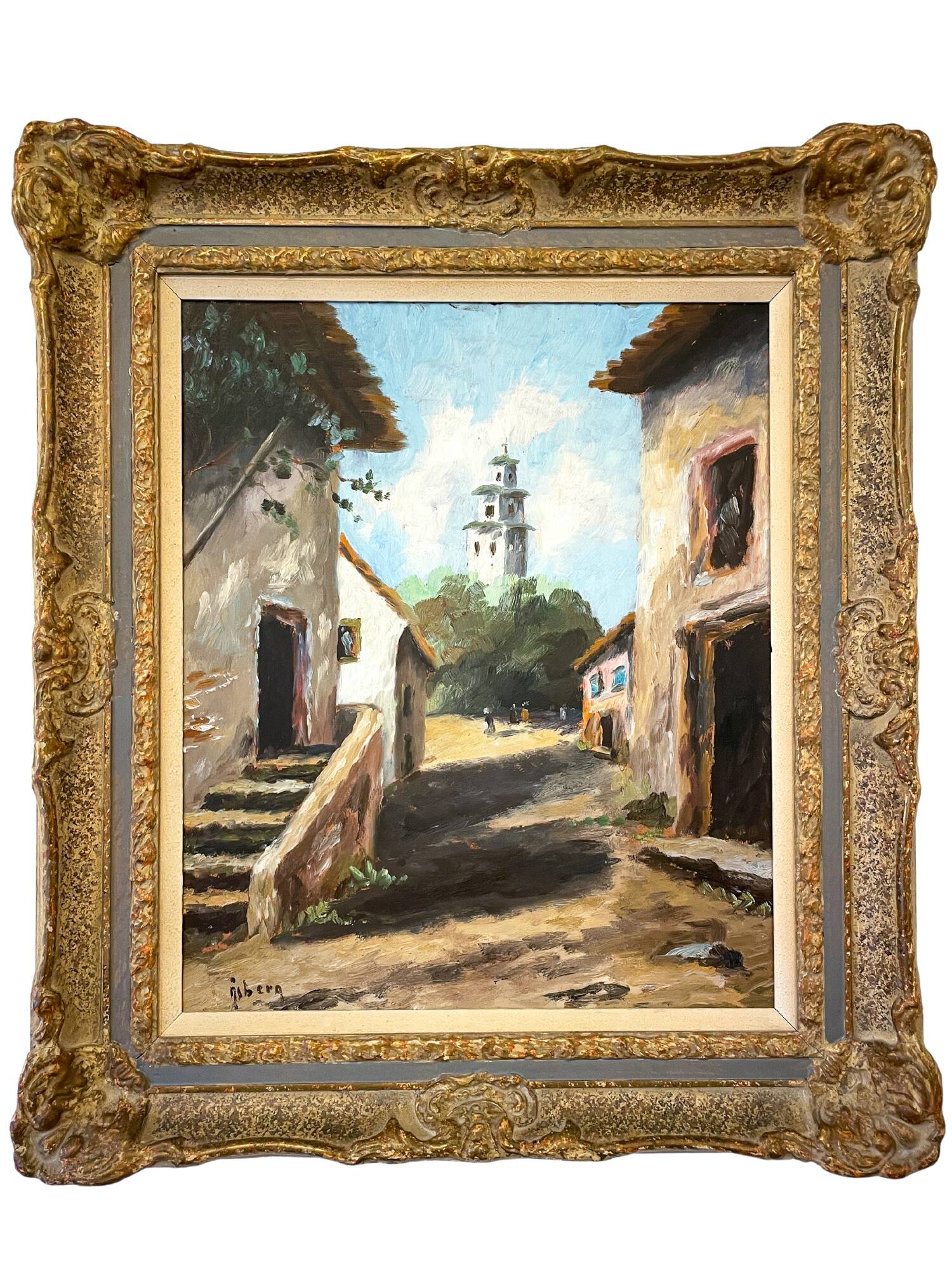 Old painting – Oil on canvas signed Stig Åsberg – Street view with tower