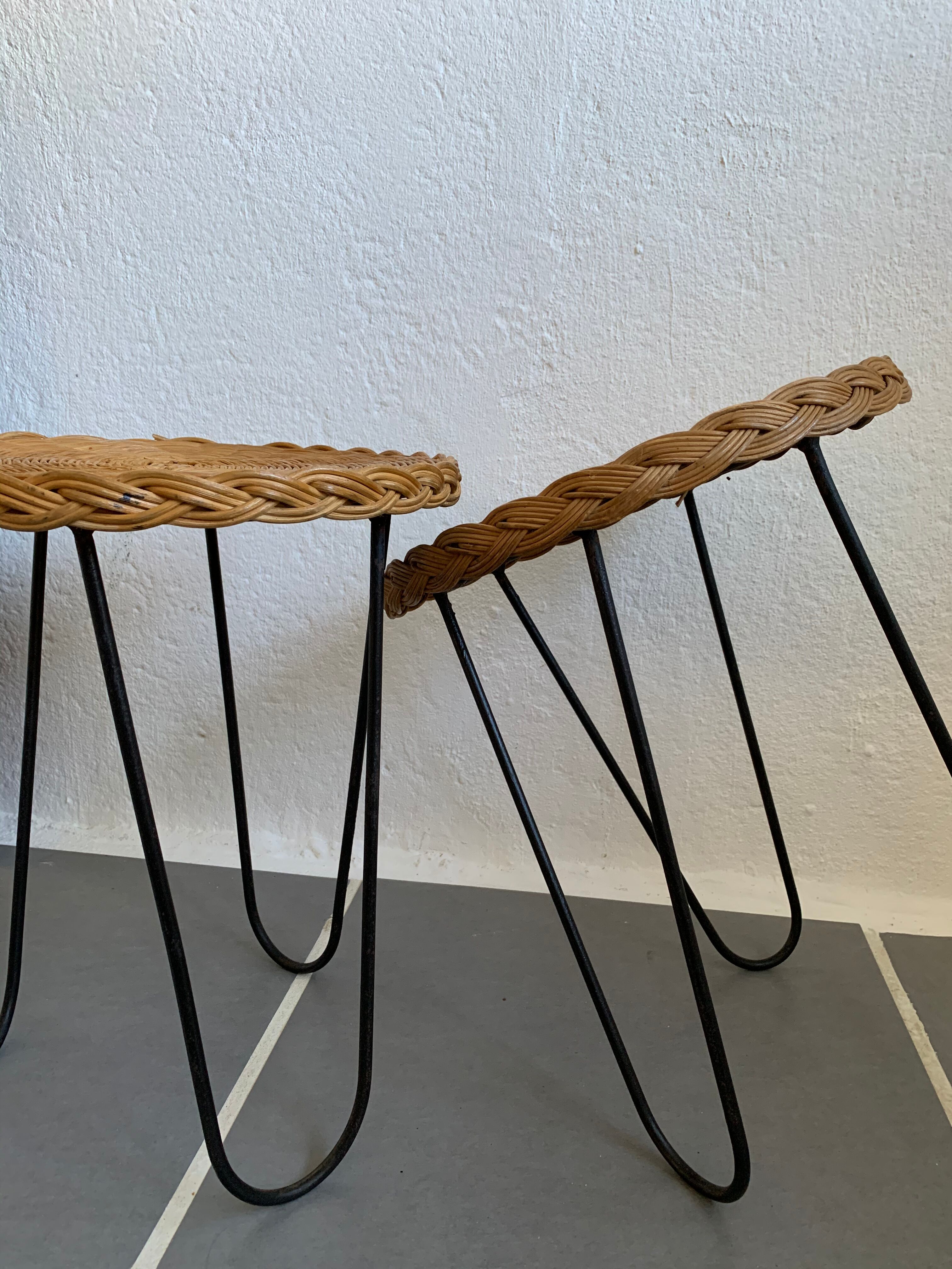 Pair of vintage bedside tripod metal and wicker