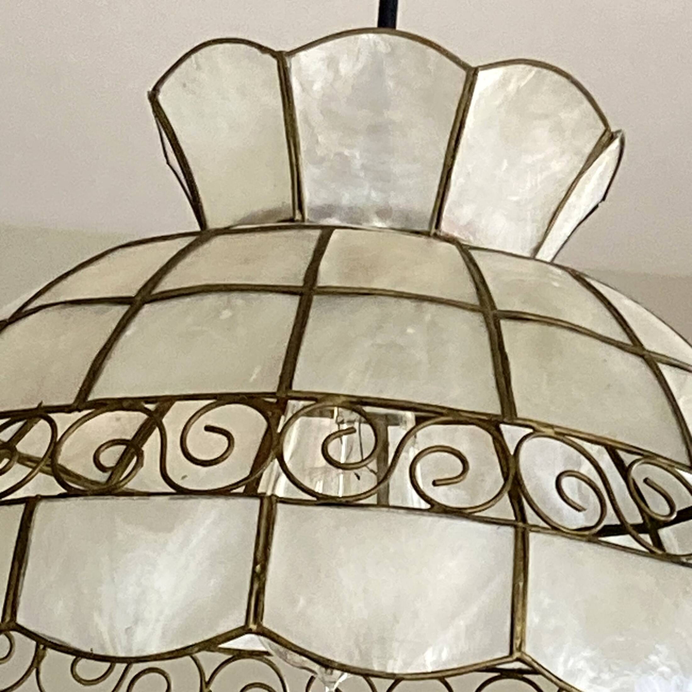 Chandelier suspension lampshade in mother-of-pearl and brass lighting vintage antique ceiling lamp