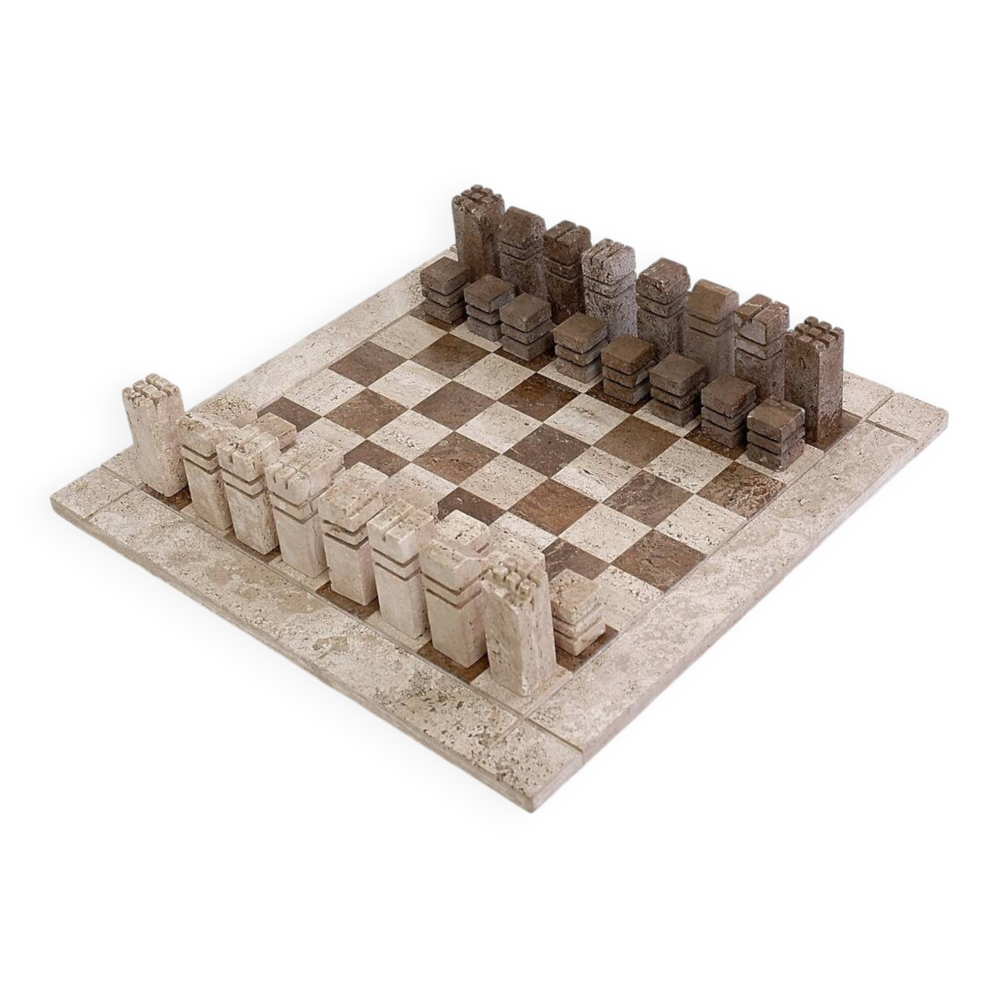 Modernist two-tone travertine chess set, Italy, 1970s