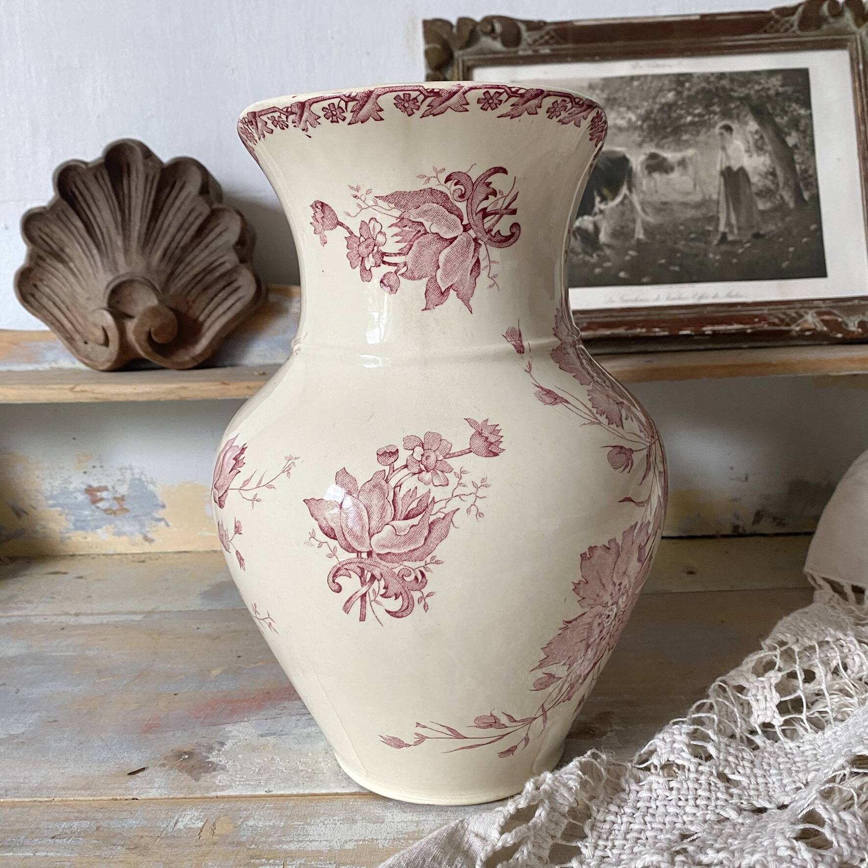 Large ironstone jug St Amand Anemone, antique pitcher