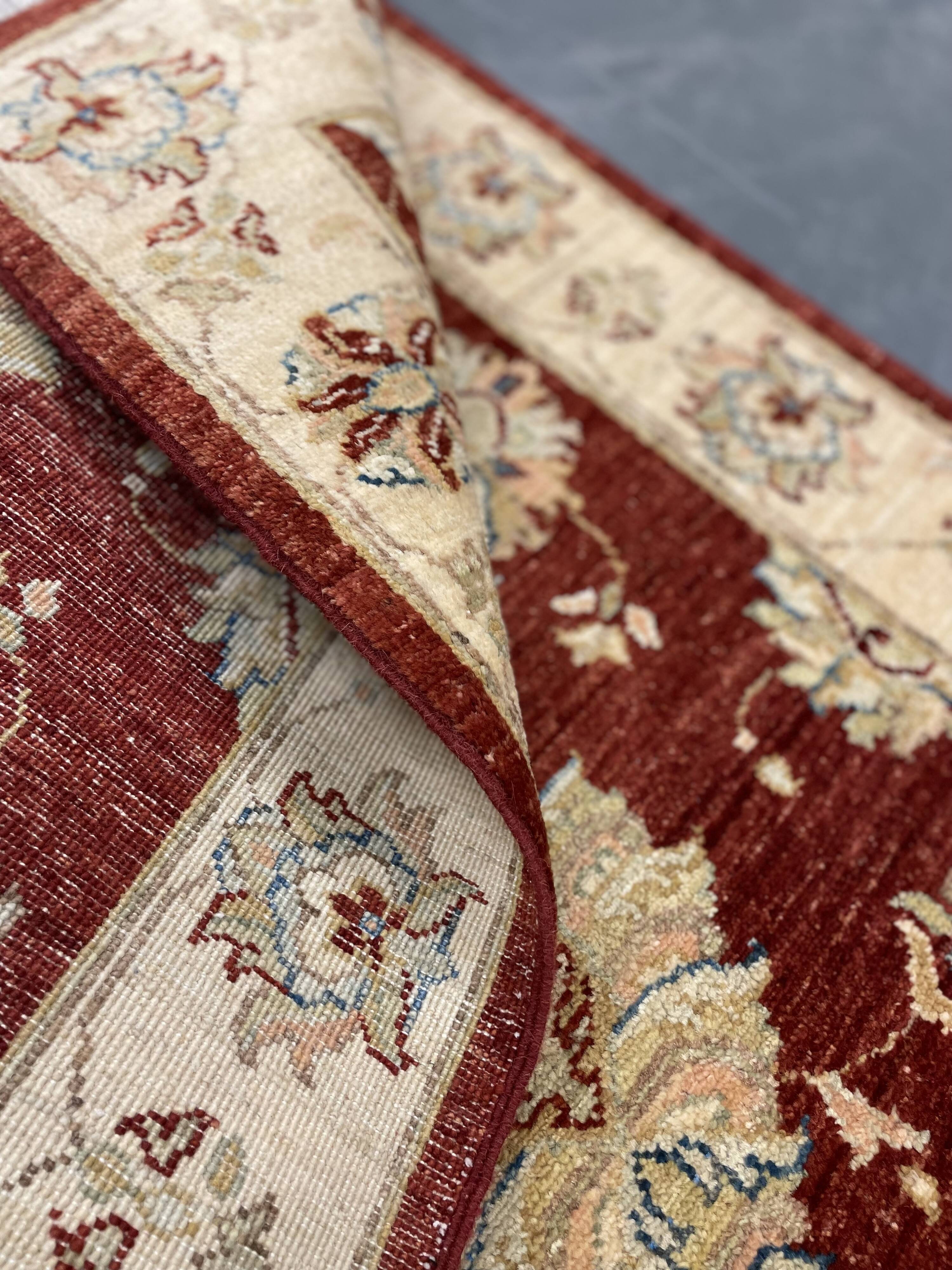 Red Gold Wool Rug, Handmade Floral Oriental Carpet 121x77cm Bedroom Decor