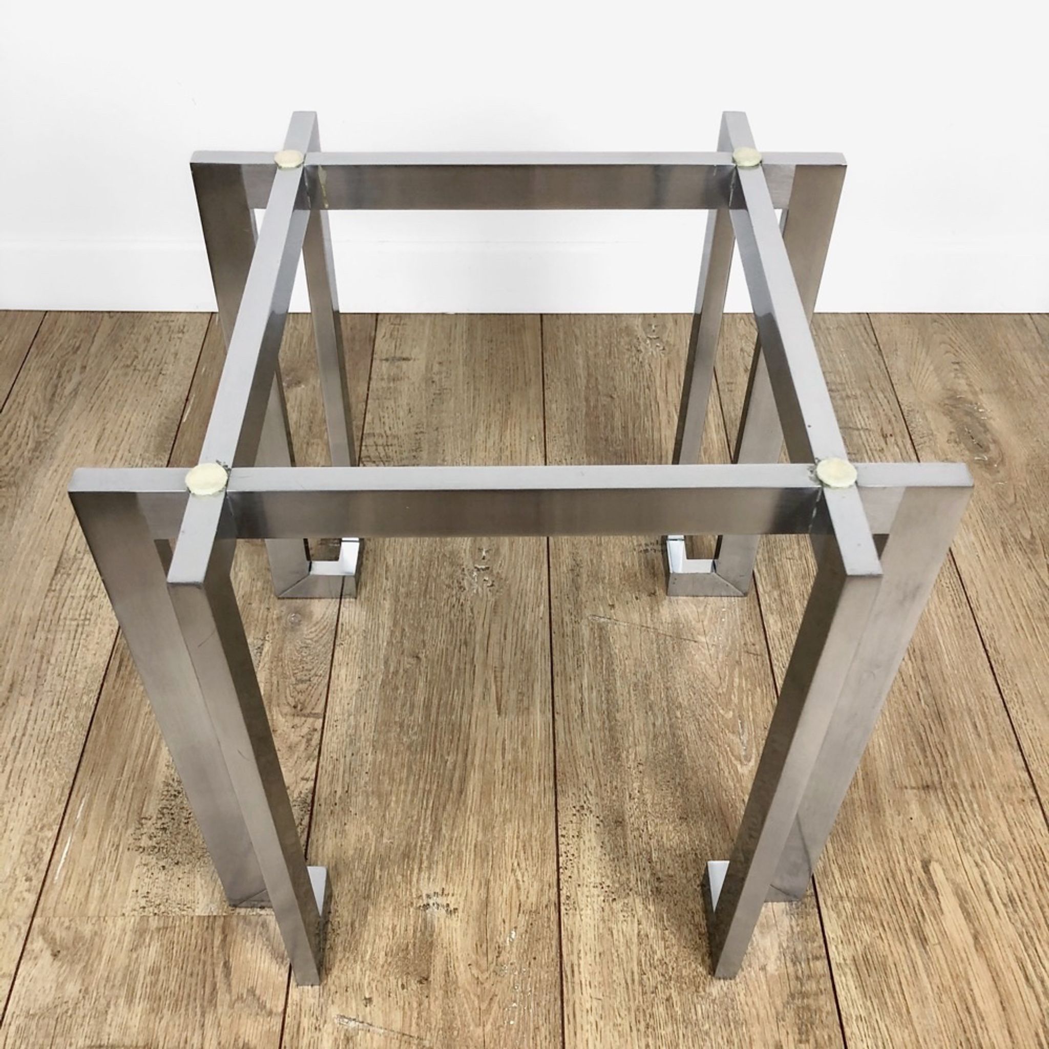 Brushed stainless steel design side table and 70s smoked glass