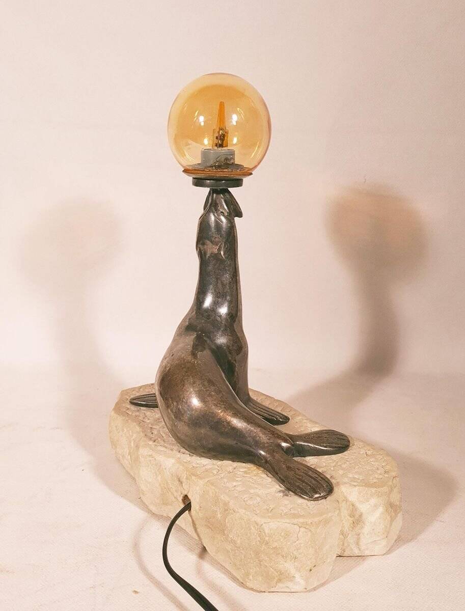 Art Deco "sea lion" lamp in silver-plated bronze