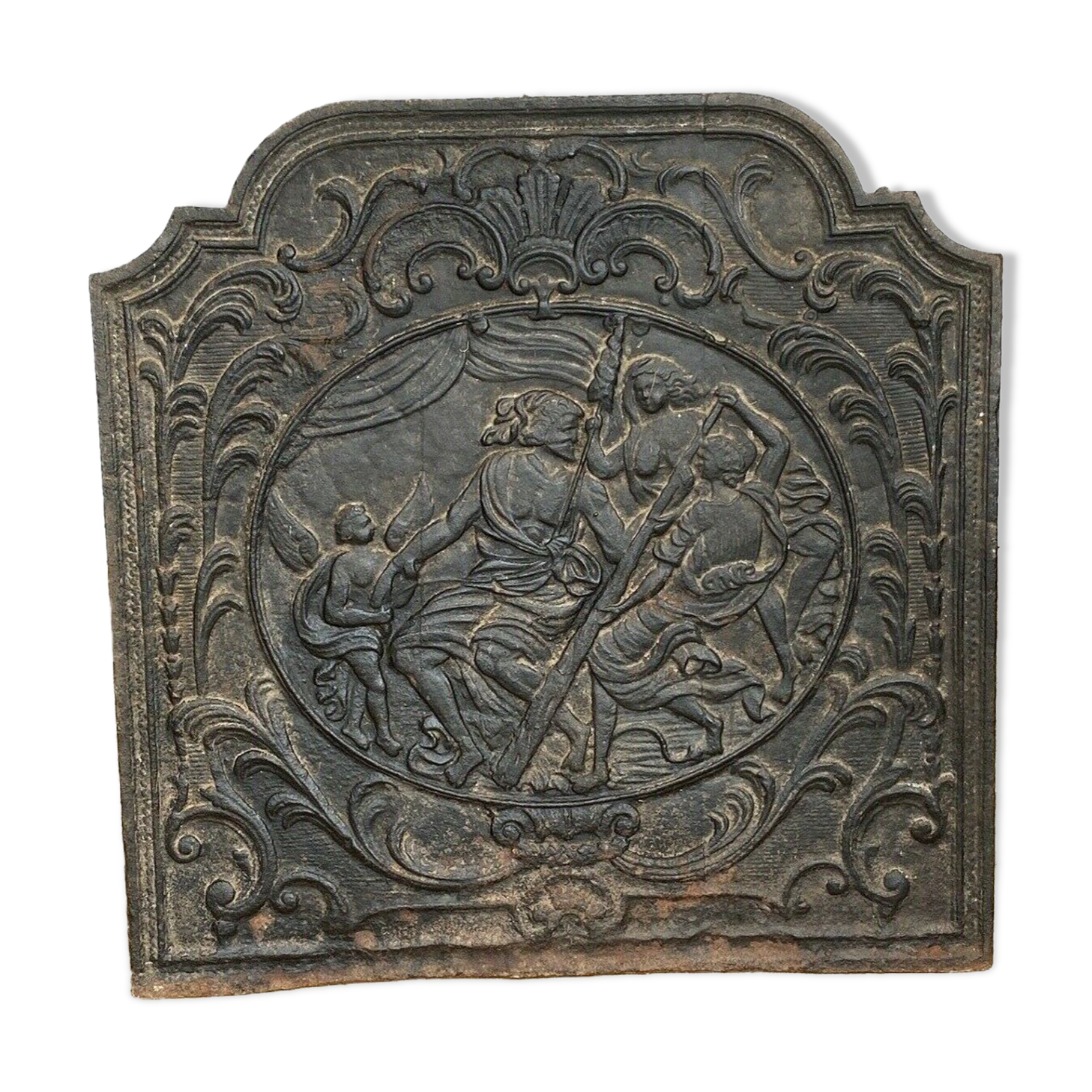 Plaque cheminée en fonte XVIII ème a decor de personnages arabesque