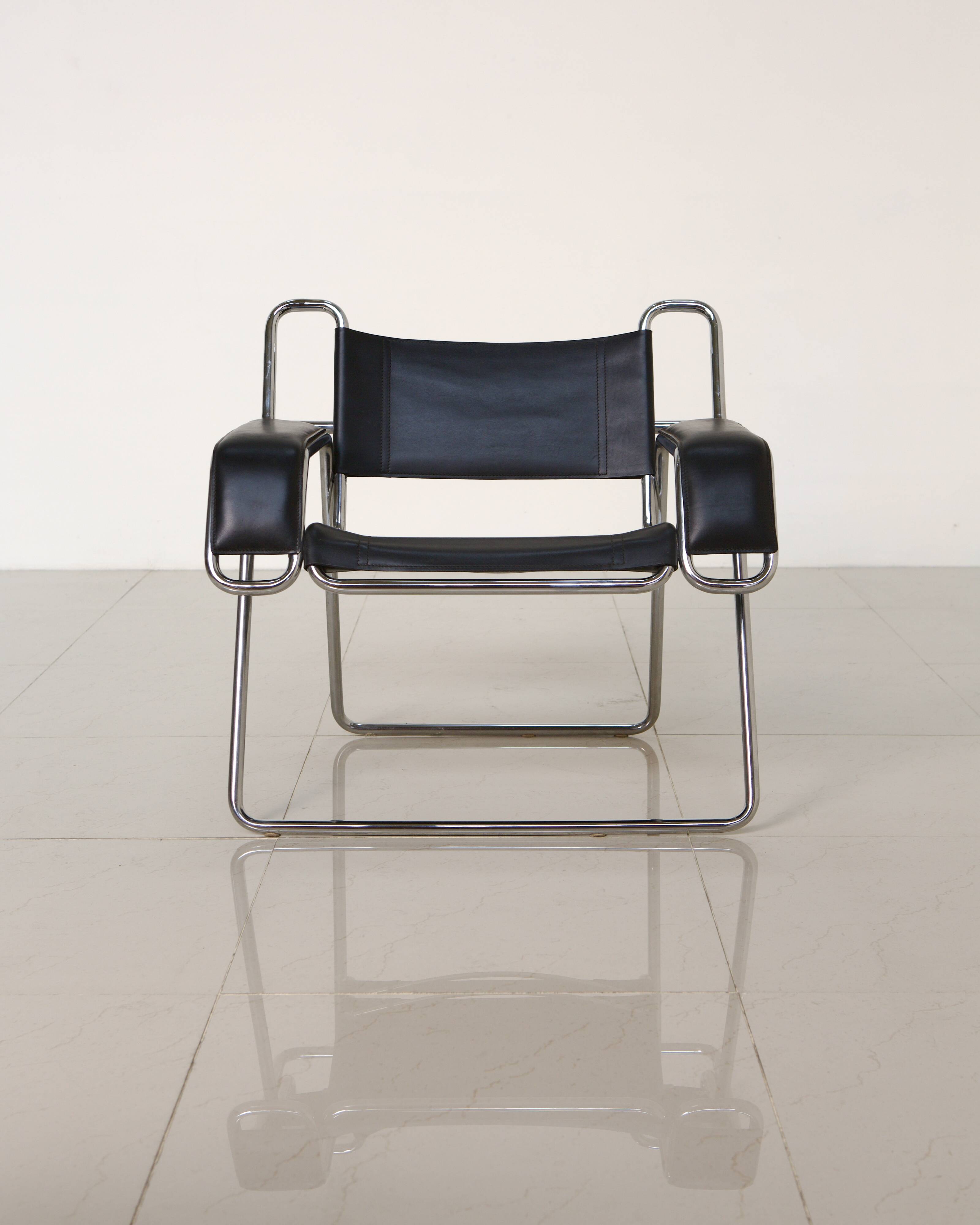 Metal and black leather armchair by Gastone Rinaldi for Thema 80's