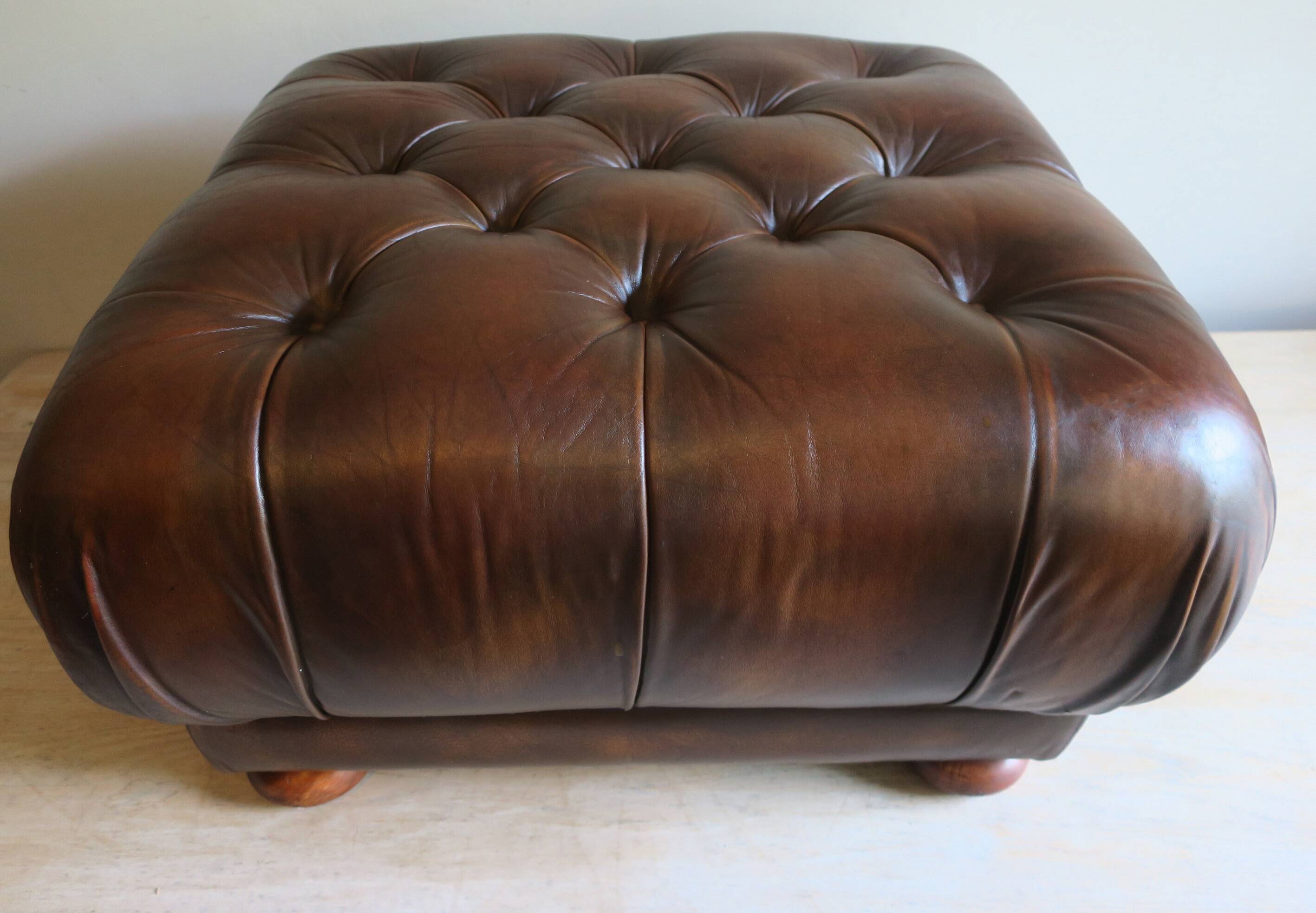 Chesterfield brown tufted leather pouffe ottoman