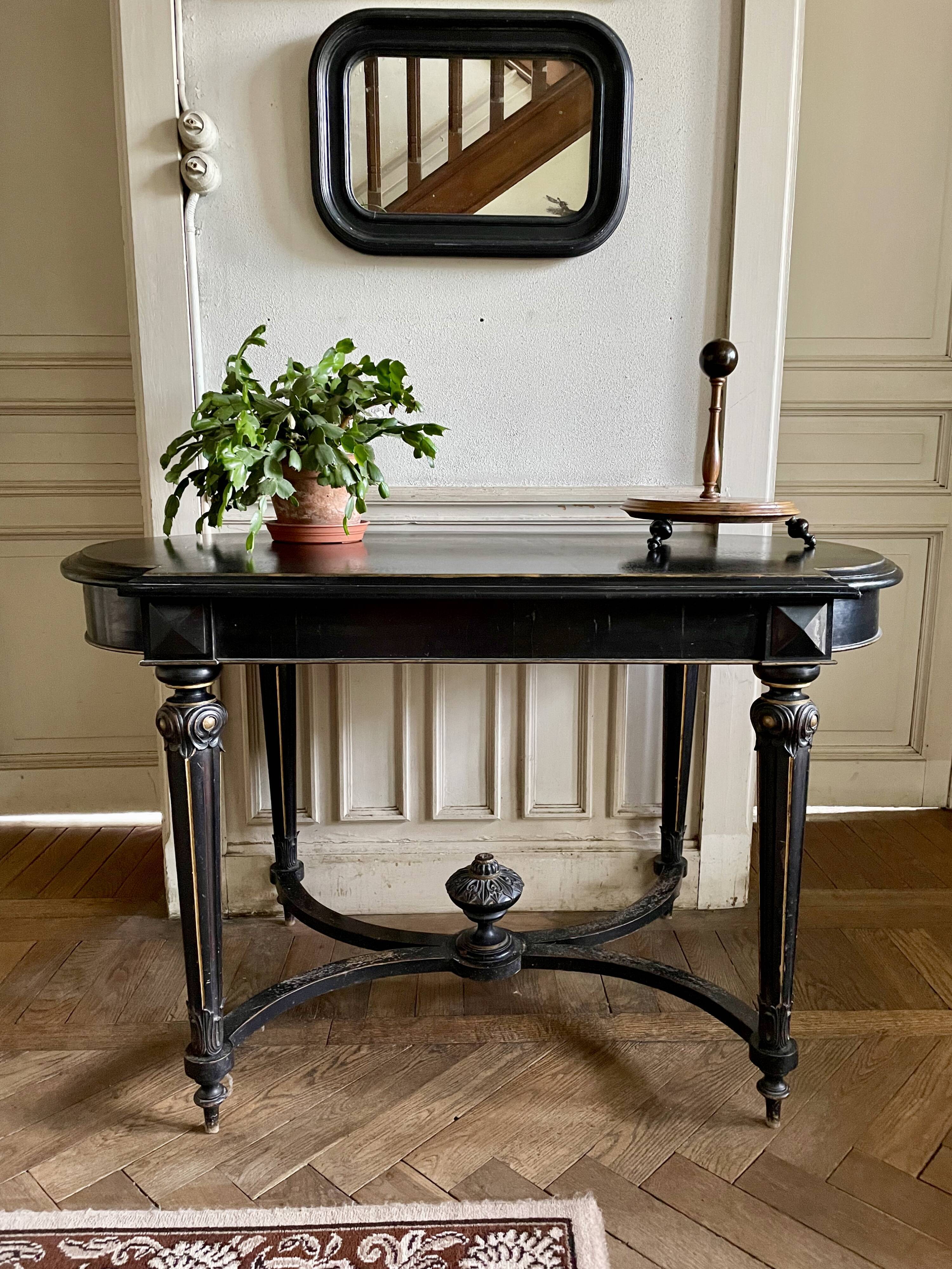 Table Pedestal table Napoleon III XIXth in black and gilded wood