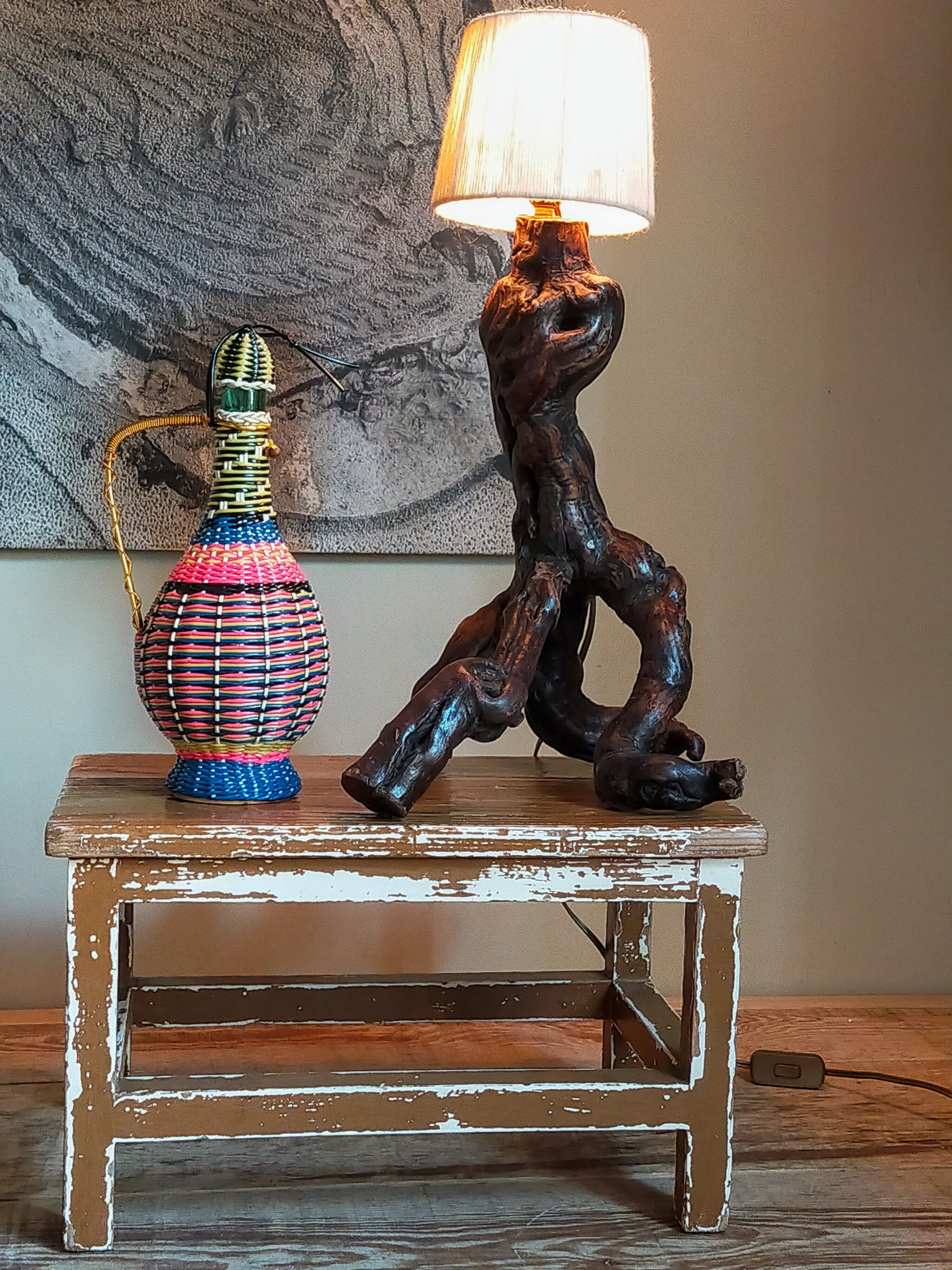 Vintage patinated solid wood side bench