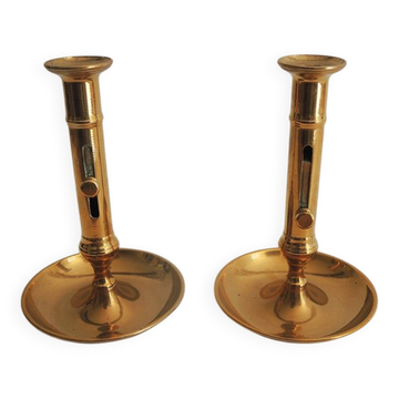 2 antique brass push candle holders