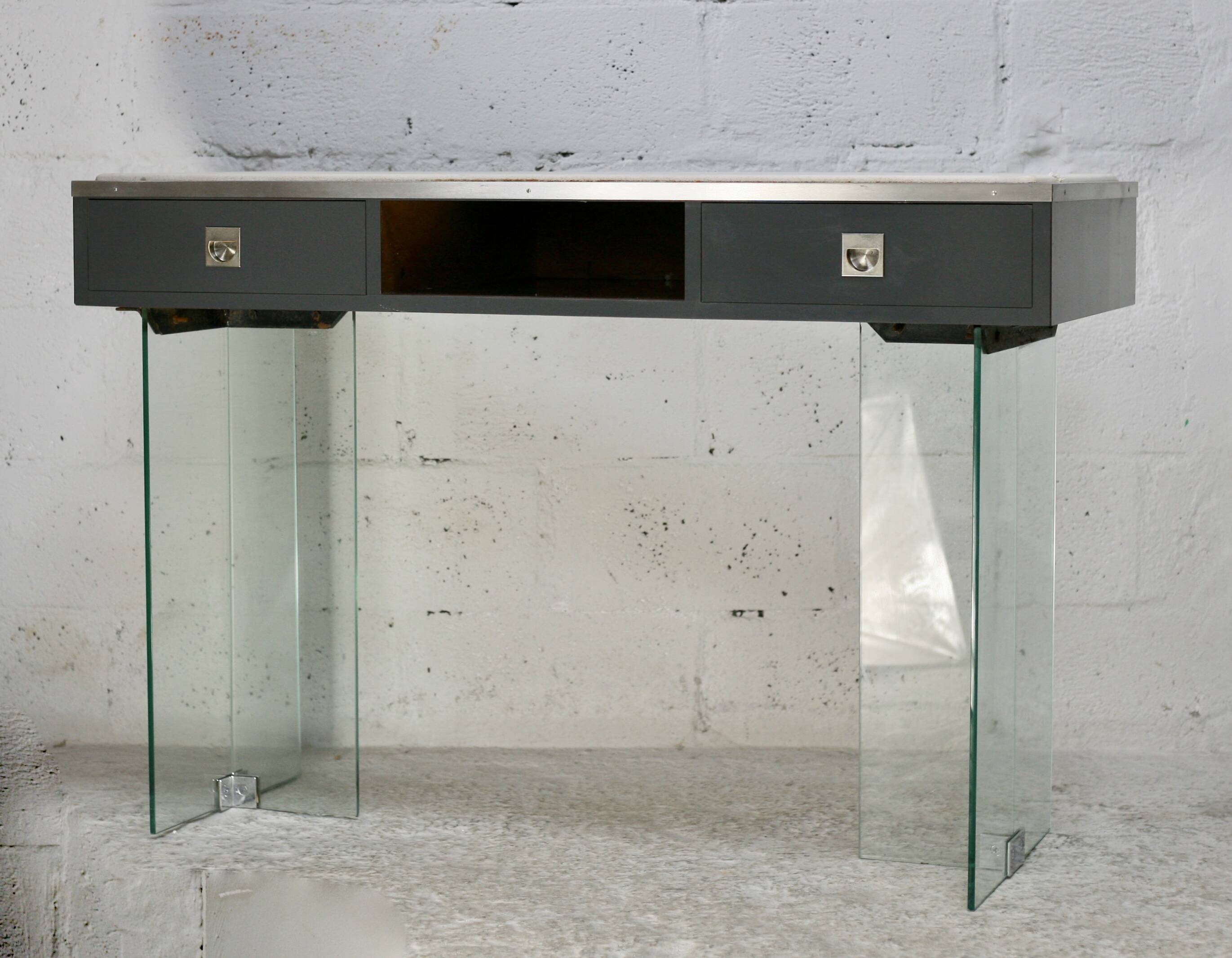 Modernist console, 1960s, glass base, wooden and fabric top.