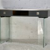 Modernist console, 1960s, glass base, wooden and fabric top.