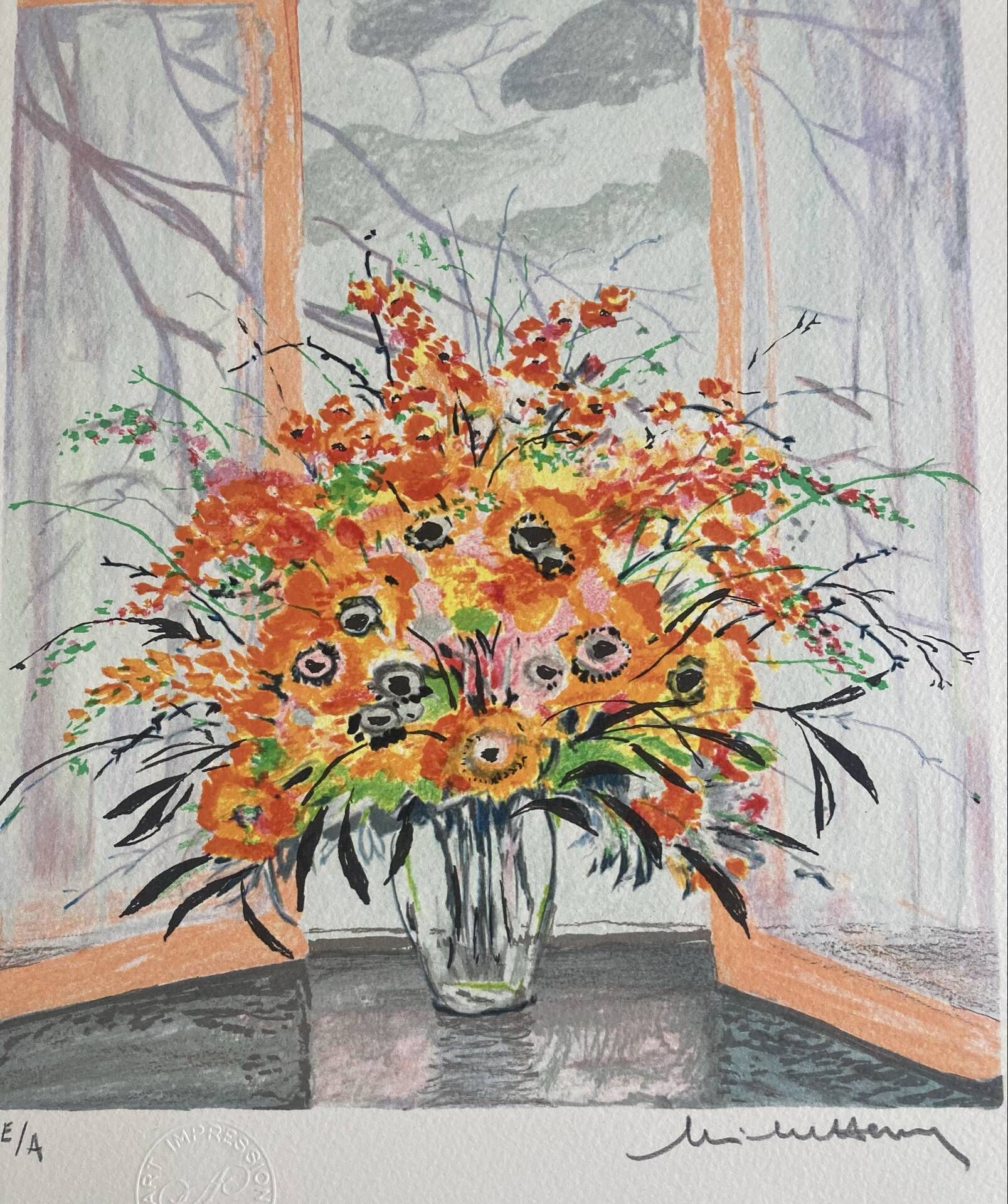 Lithographie signée Michel Henry - Bouquet à la fenêtre