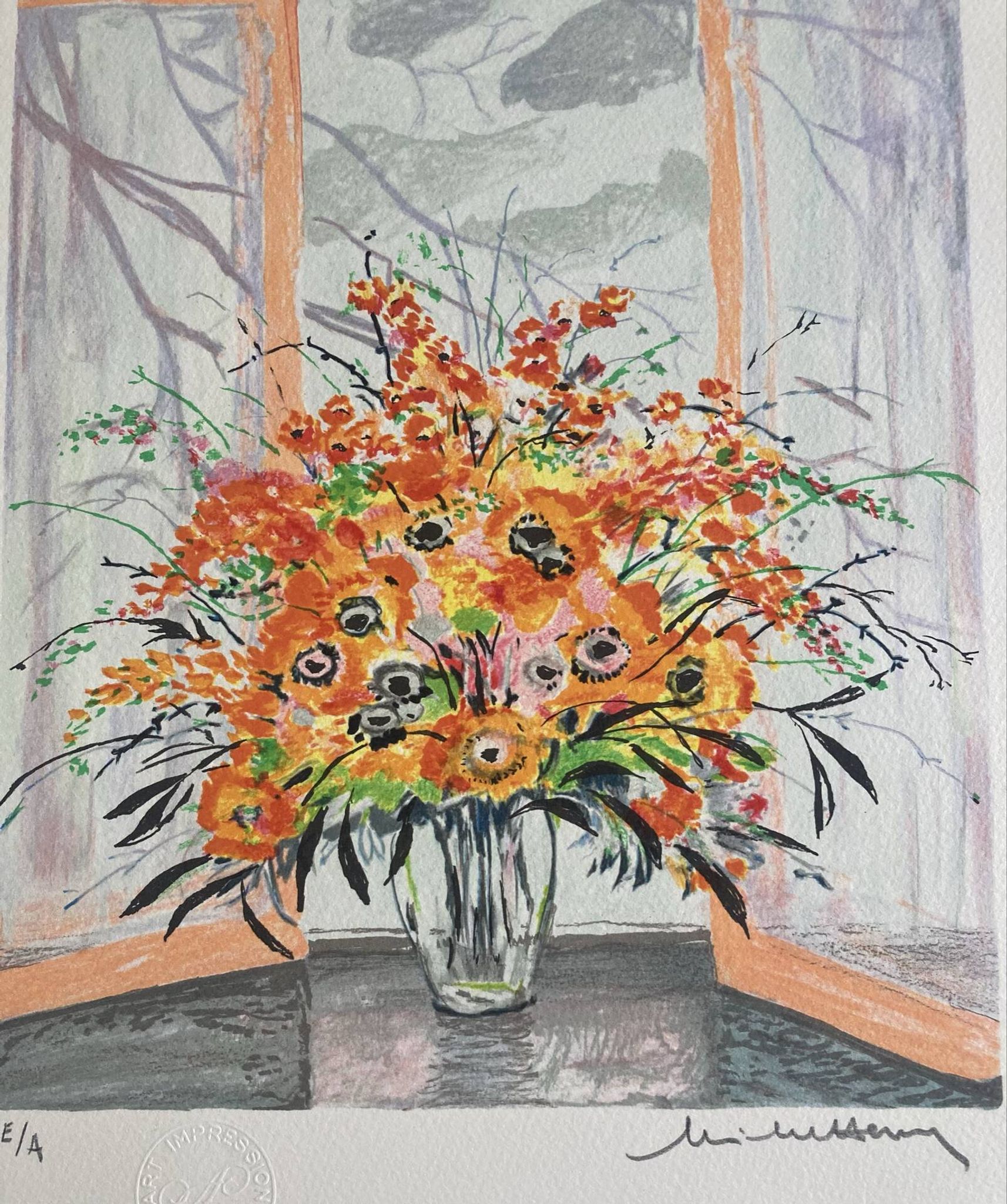Lithograph signed by Michel Henry - Bouquet at the window