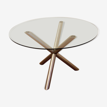 Table de salle à manger italienne ronde en verre fumé et acier chromé, années 1970