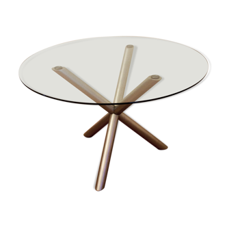 Table de salle à manger italienne ronde en verre fumé et acier chromé, années 1970