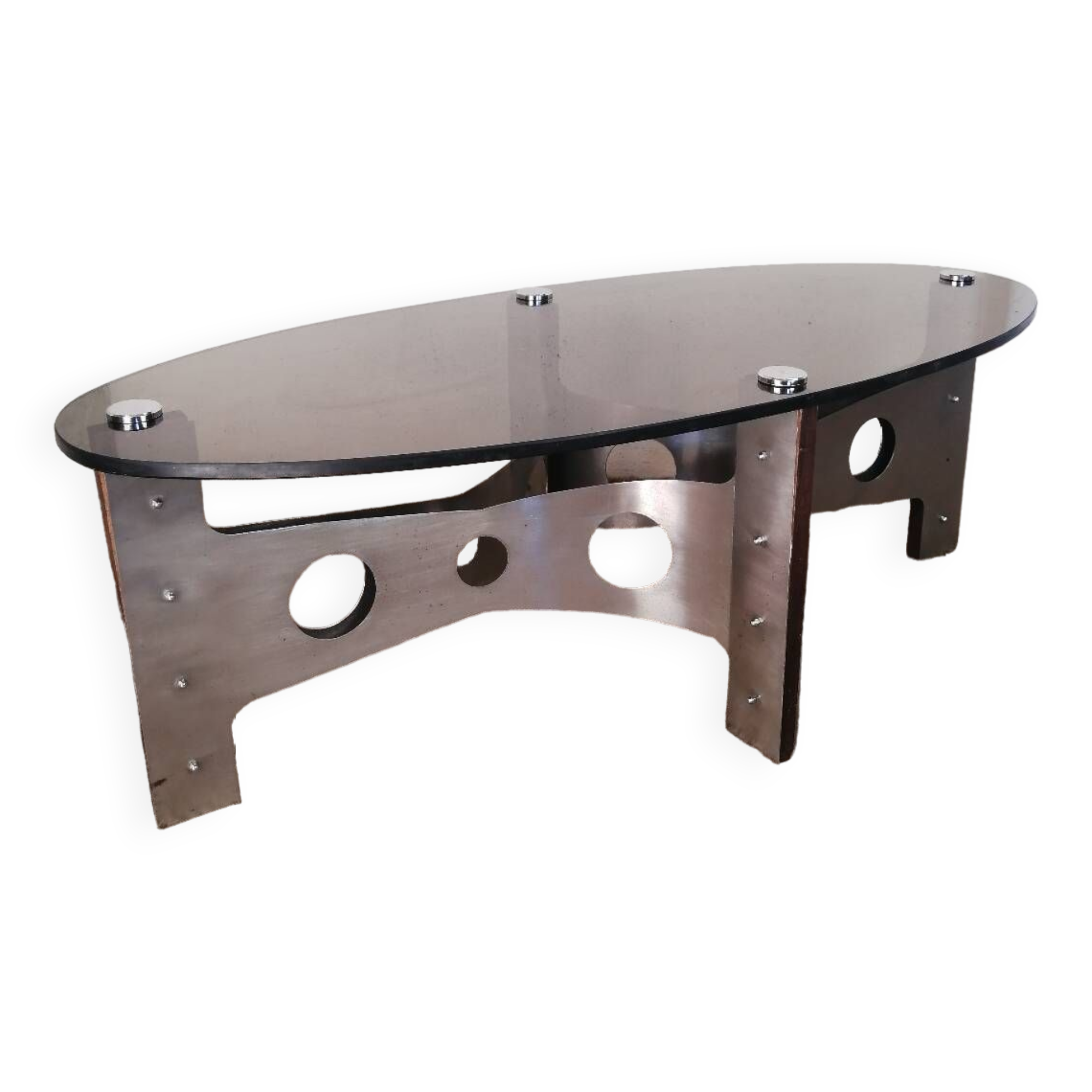 Vintage design coffee table in brushed aluminum and glass top.