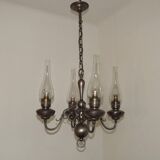 French Vintage Pewter 4 Light Flemish Chandelier Hand Blown Lantern Shades 5104