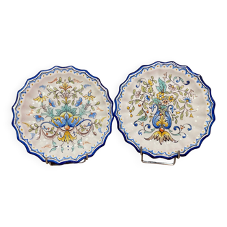 Pair of plates with floral decoration in Nevers earthenware signed Montagnon