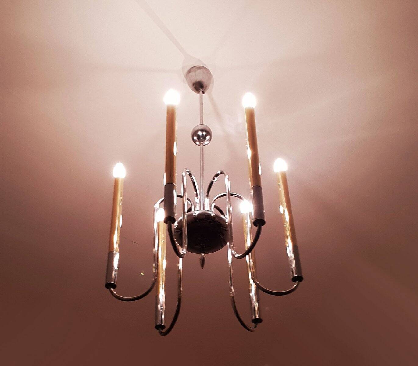 1950s chandelier in brass and chrome-plated brass with 6 lights