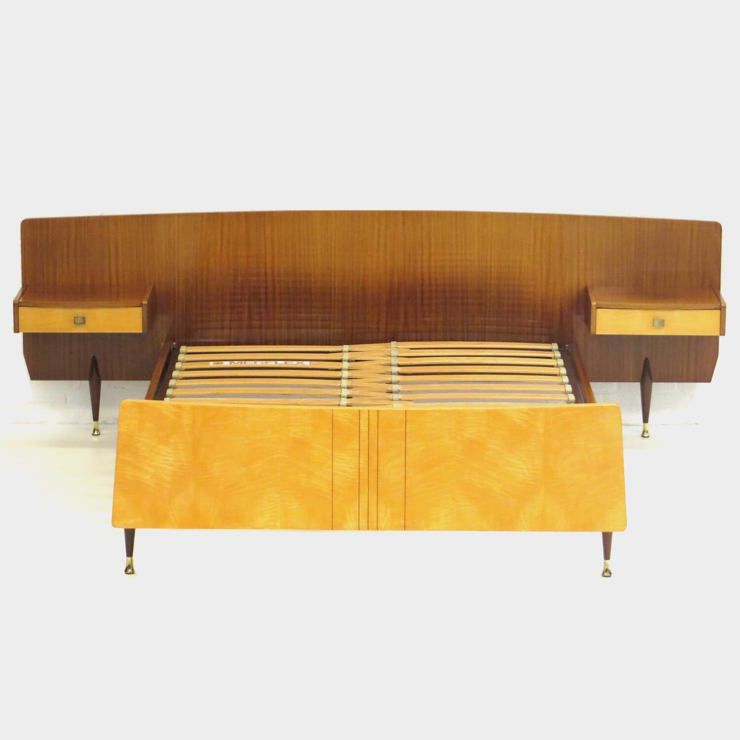 Mid century double bed bedroom set + floating nightstands in teak & maple