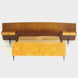 Mid century double bed bedroom set + floating nightstands in teak & maple