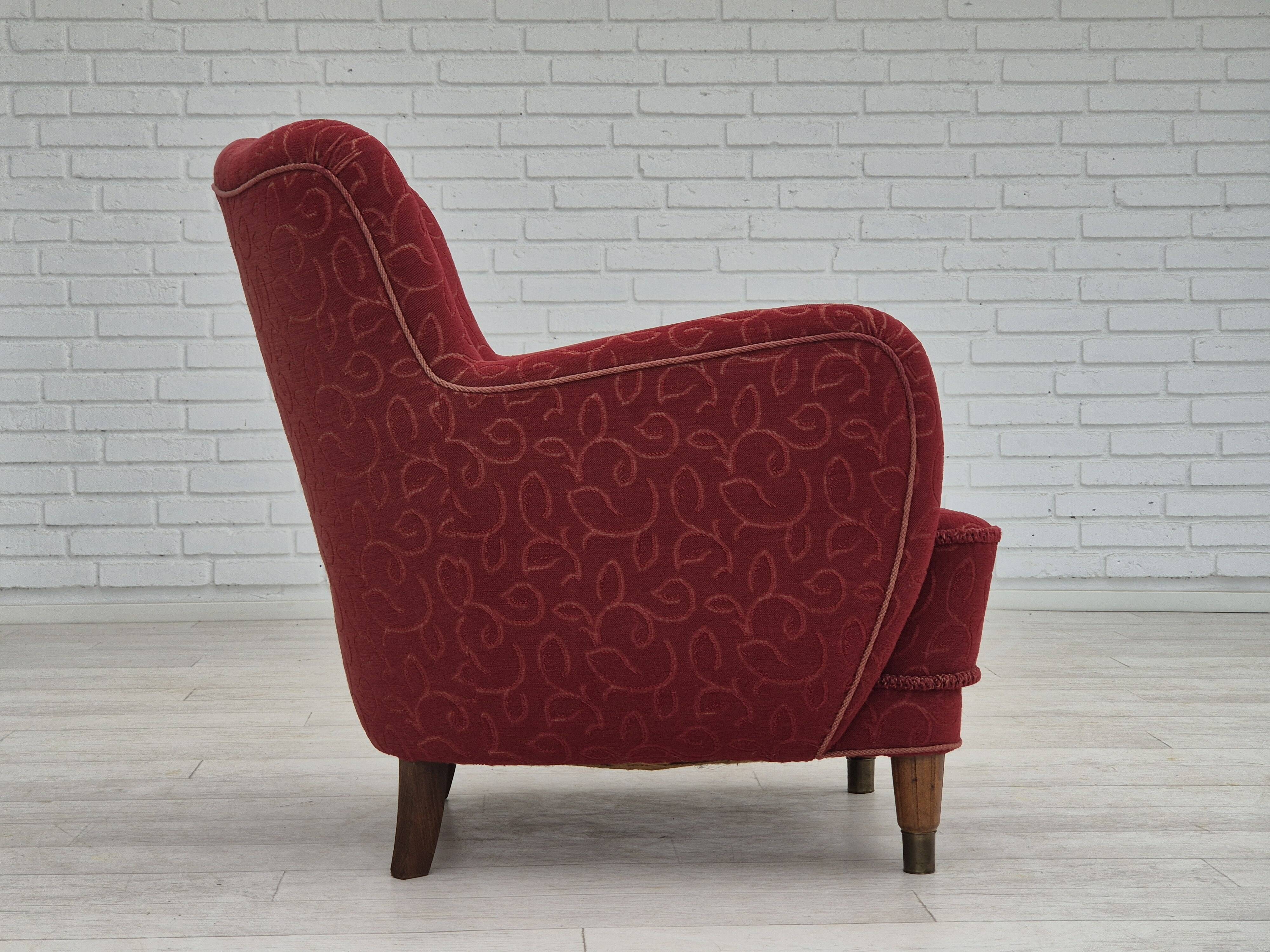 Années 1960, fauteuil relax danois, état d'origine, coton/laine rouge.