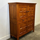Artisan brutalist oak cabinet with turned knobs, France, 1970s