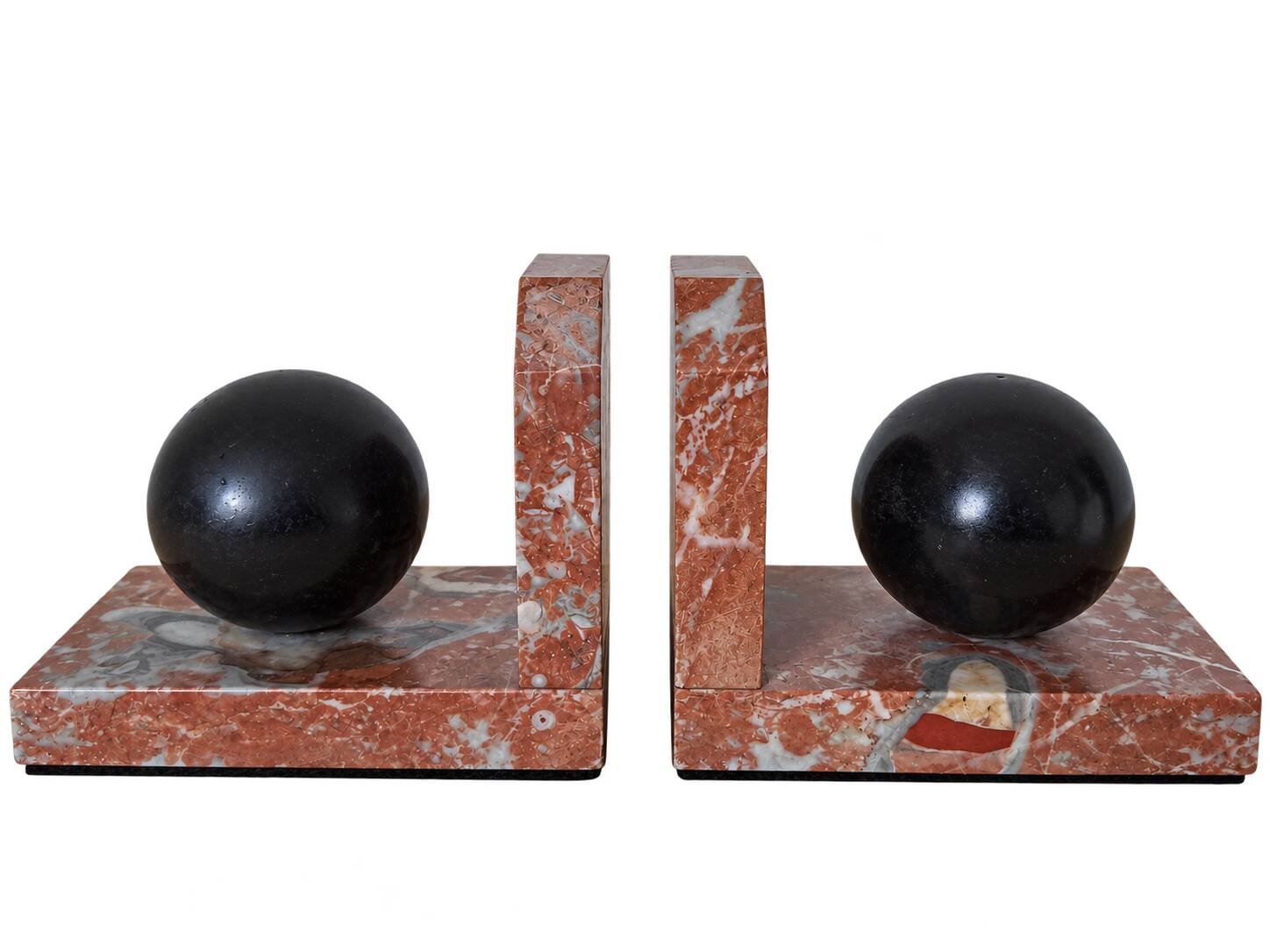 Pair of red marble bookends with black stone spheres – Art Style