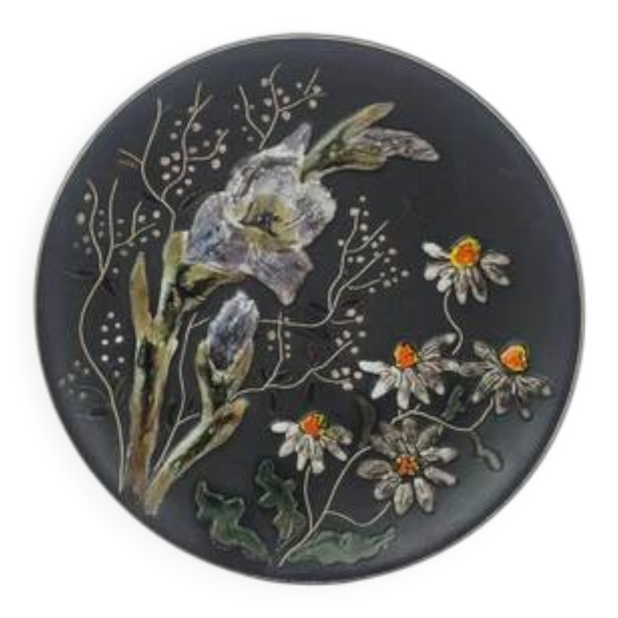 Black ceramic plate with wildflower design, Ruscha Art Pottery, Germany.