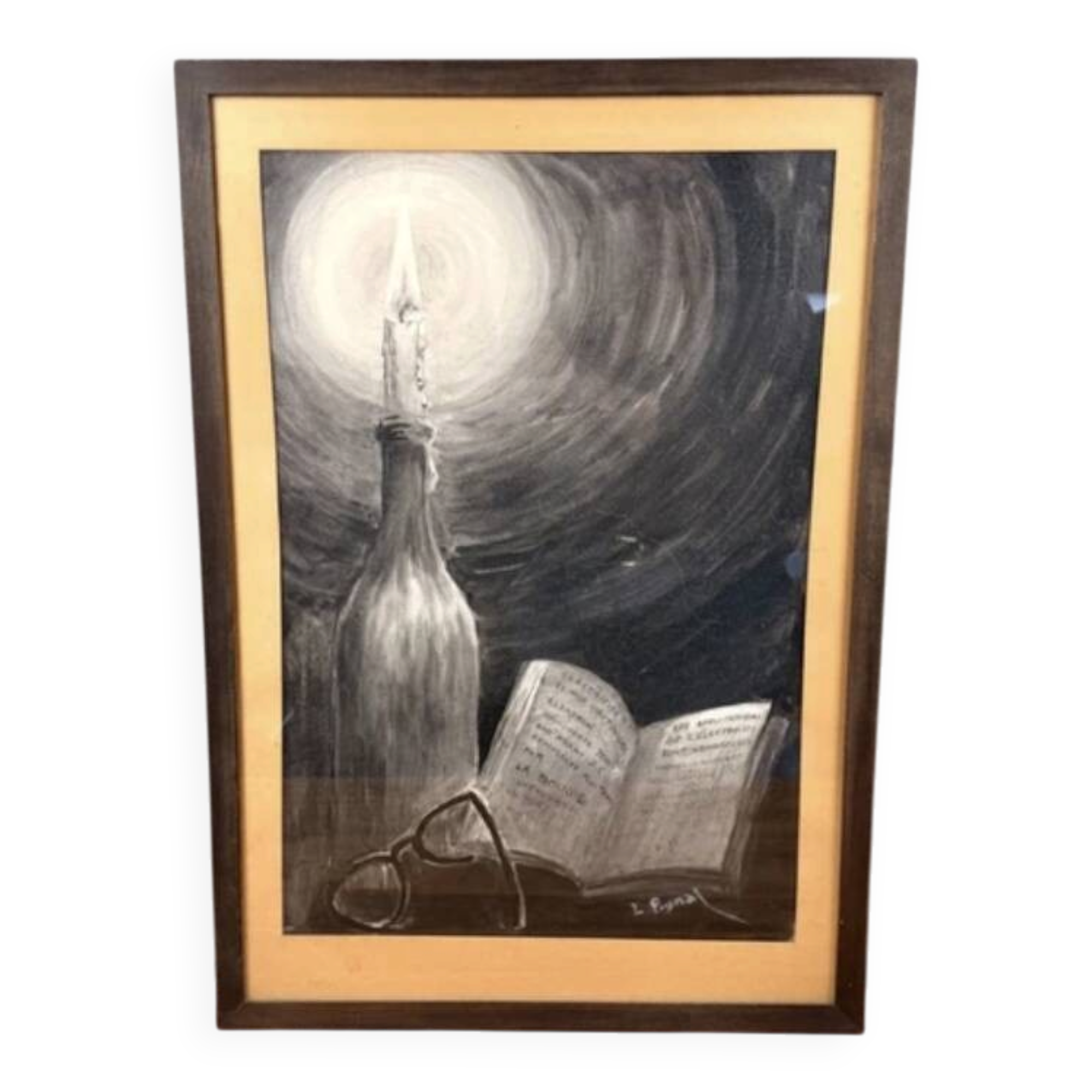 Old drawing still life signed L. Pignal – candle, book, glasses