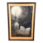 Dessin ancien nature morte signé L. Pignal – bougie, livre, lunettes