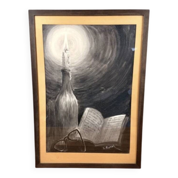 Old drawing still life signed L. Pignal – candle, book, glasses