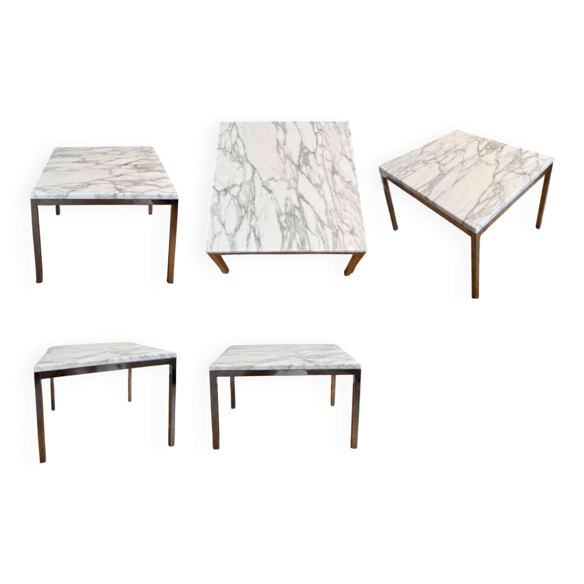 3 tables Florence Knoll – marbre blanc type Calacatta & acier chromé