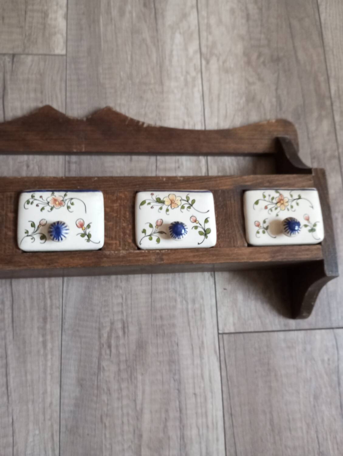 wooden shelf and desvres earthenware drawers