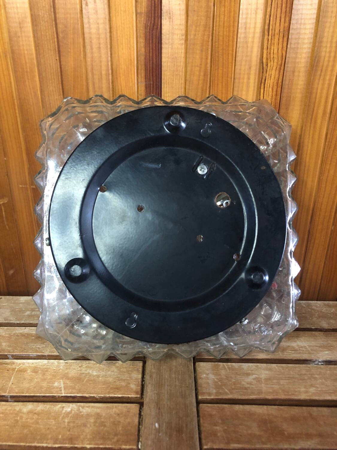 Old molded glass ceiling light + vintage black metal support