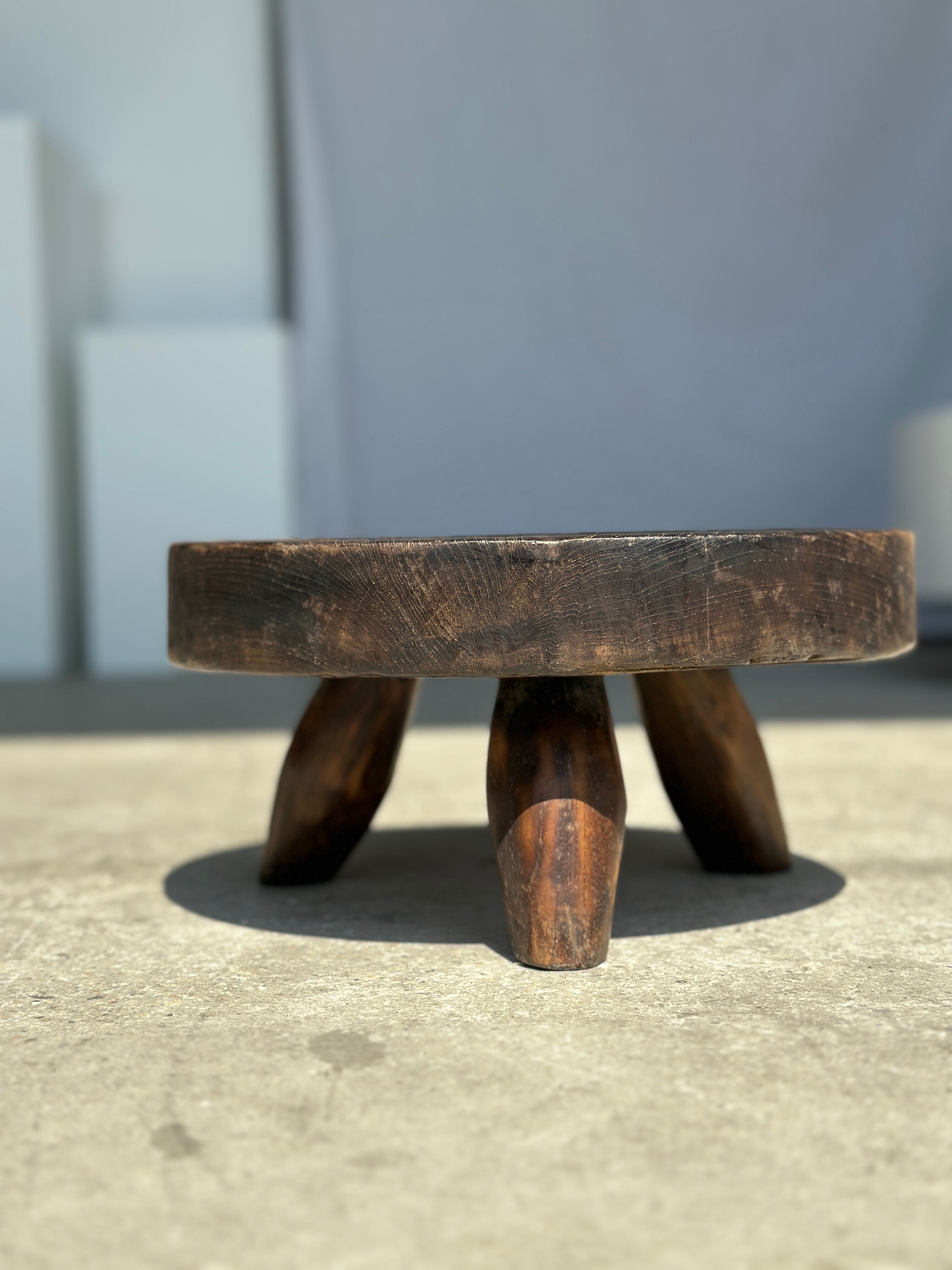 Small tripod stool low in dark brown upcycled teak