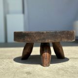 Small tripod stool low in dark brown upcycled teak