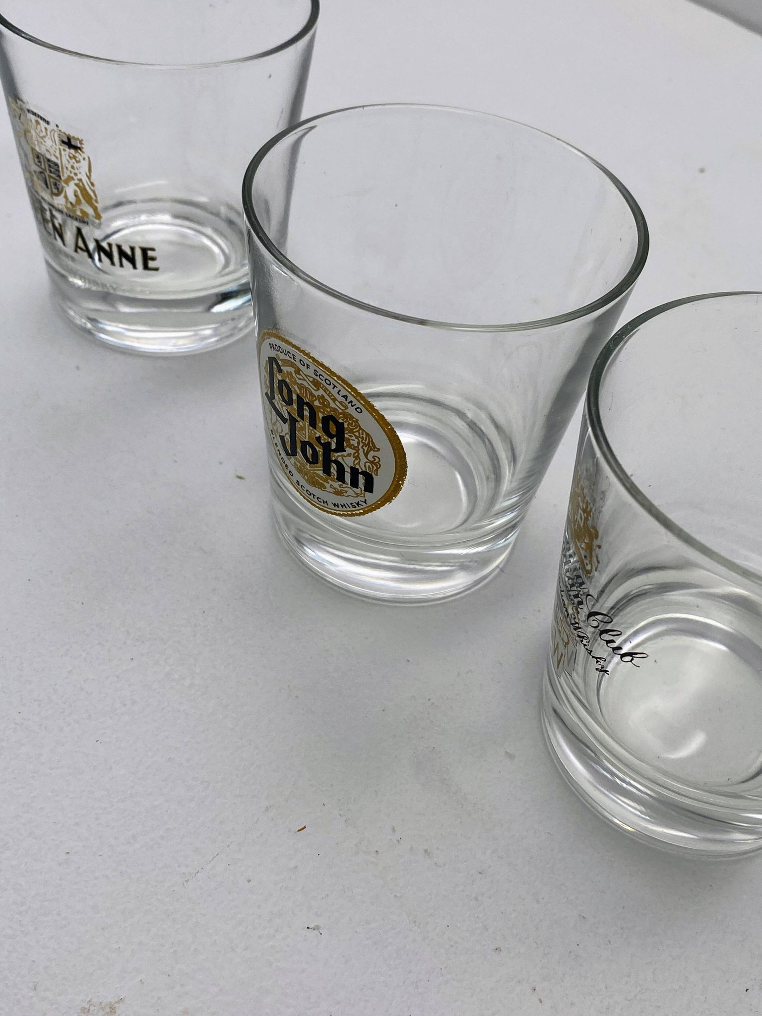 3 Vintage Canadian Club Whiskey Glasses, Long John and Queen Anne