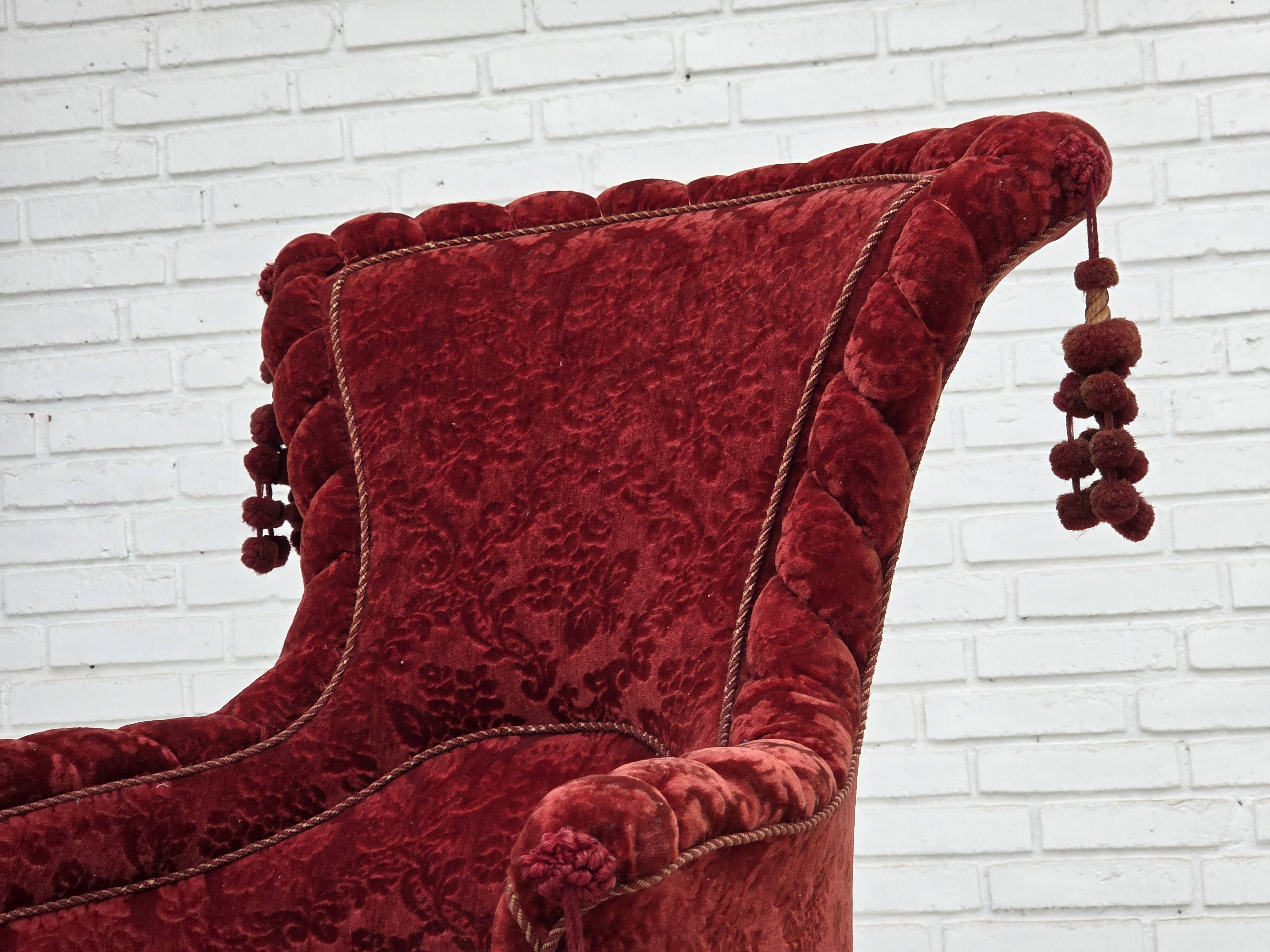 1950s, Danish armchair, furniture velour, beech wood legs.