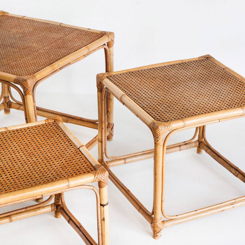 Set of three vintage nesting tables in cane. France, 1960s