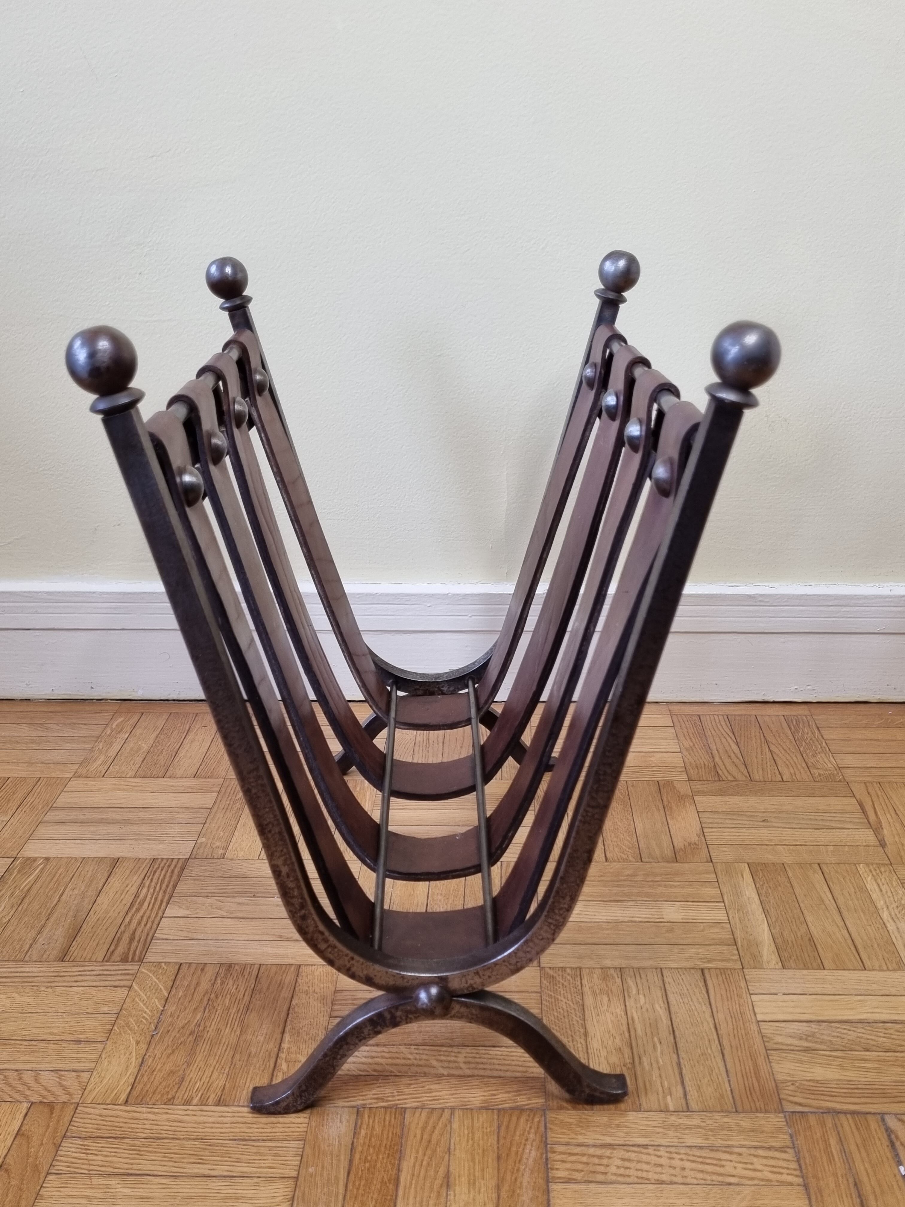 Magazine door in leather and forged metal, brutalist, 50s