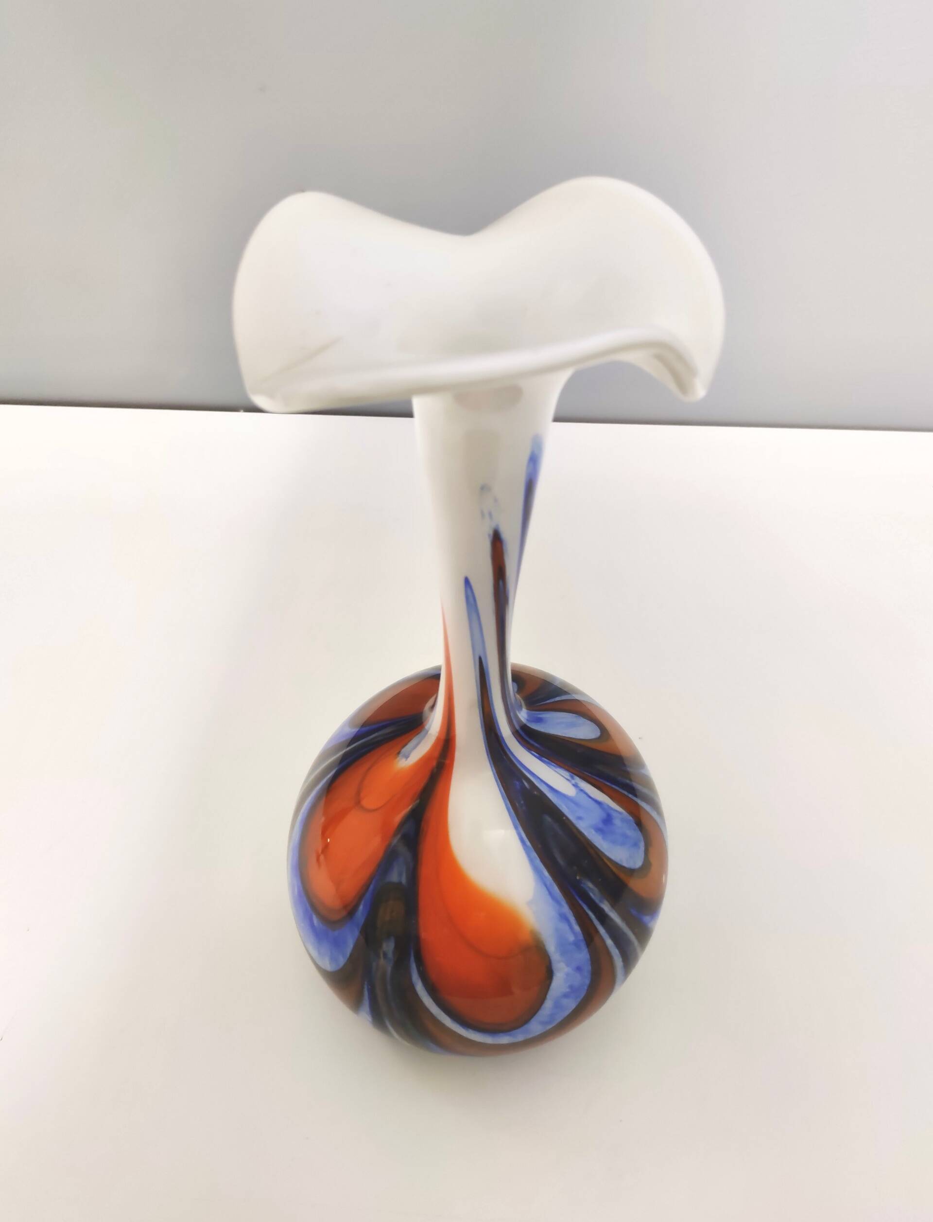 Large Orange, White and Blue Glass Vase by Opaline Florence, Italy